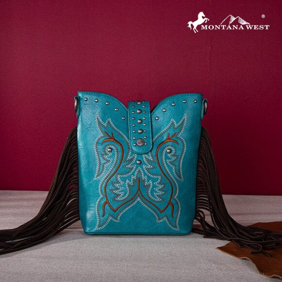 Montana West Embroidered Fringe Collection Boot Purse Crossbody NWT - Picture 1 of 5